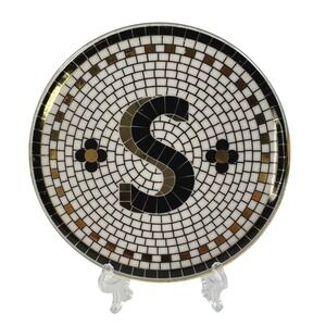 Anthropologie Bistro Tile Monogram S Coaster Black White Gold Ceramic Round 4in